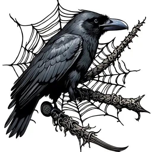 Flying Crow With Grim Reaper Sheath And Cob Webs Entwined