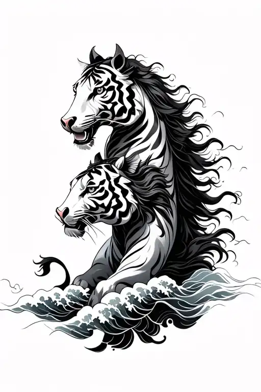 Chinese Tiger And Horse With Japanese Waves Flowing Throughout