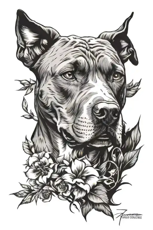Pitbull Head With Brackground Of Nature Elements