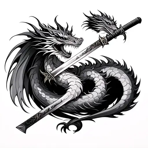 Dragon And Katana In The Middle