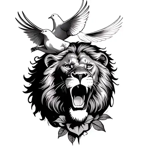 Lion Roaring With Dove Above Perched On A Rose