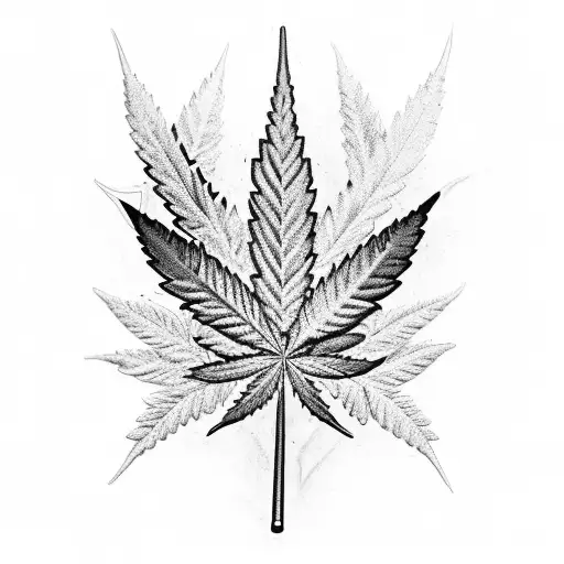 An Intricate Black And Grey Tattoo Of A Hunting Rifle Intertwined With Cannabis Leaves