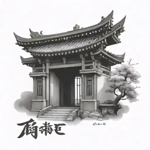 Design A Tattoo Of A Japanese Temple Gate With The Word 'Discipline' Written In Kanji Characters