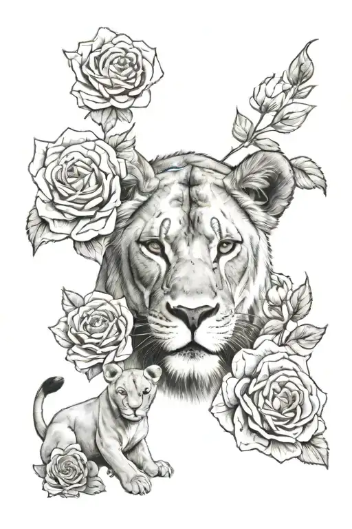 Lioness And 1 Cub And 2 Roses And 1 Date Of Birth