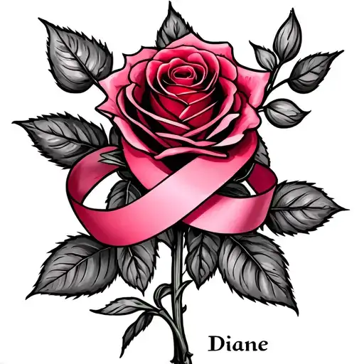 Red Rose With Pink Breast Cancer Ribbon Wrapping It And The Stem Turns Into The Name Diane