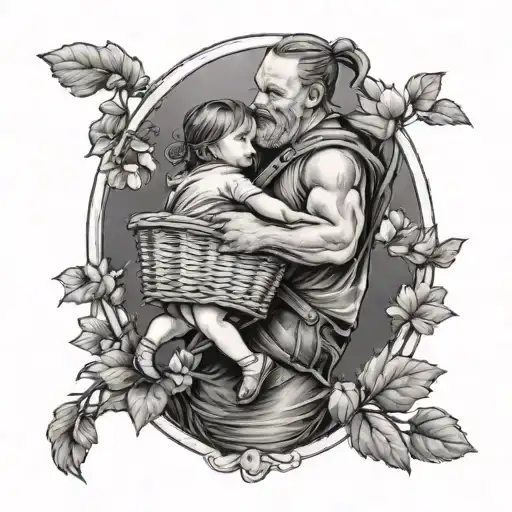 Dad Carrying His Daughter In A Basket On His Back