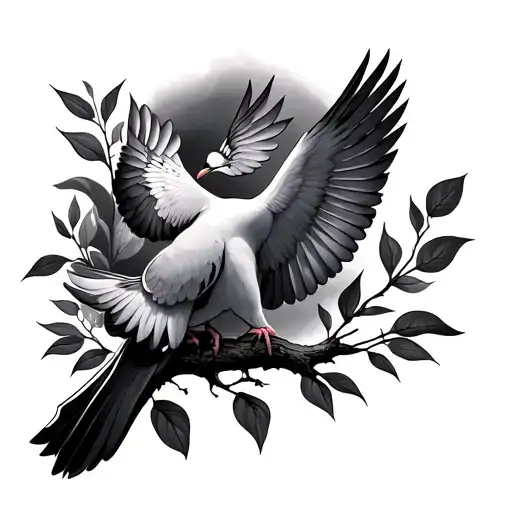 Dove Sitting On Branch With Leaves Looking At Another Dove Flying Away