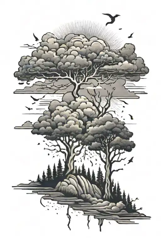 Clouds With Lightning And Sunrays Lush Forest Landscape