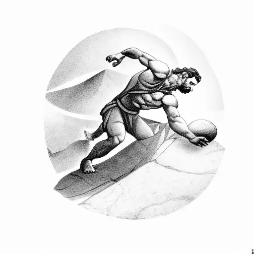 Sisyphus Climbing The Mountain With The Stone