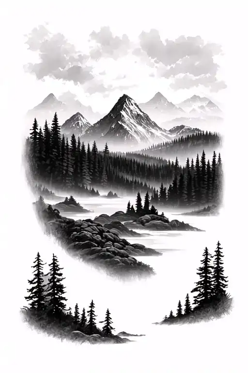 Forest And Mountain Landscape With A Portrait Of Demonstrating My