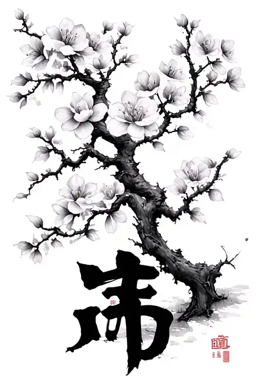 Plum Blossom Tree With Chinese Calligraphy