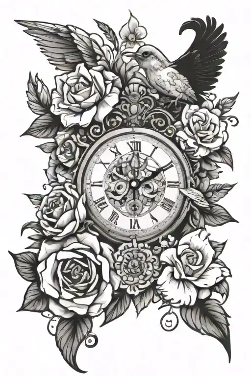 Flowers And Clock Face And Money And Bird And Angel