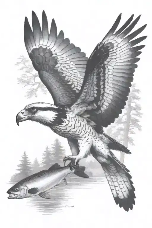An Osprey Flying And Holding A Small Trout Near The River In The Forest