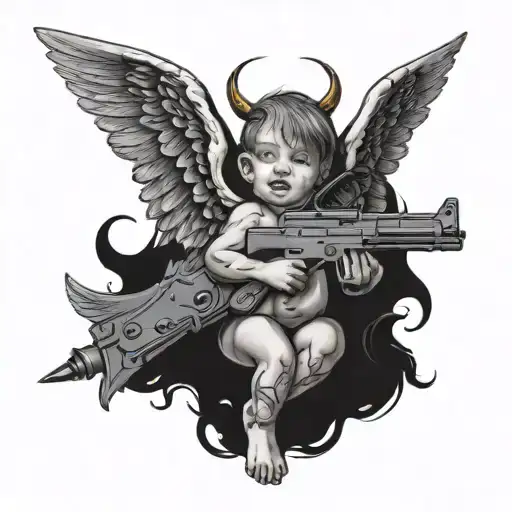 Angel Baby With Devil Wings Holding A Ak 47 Bullet