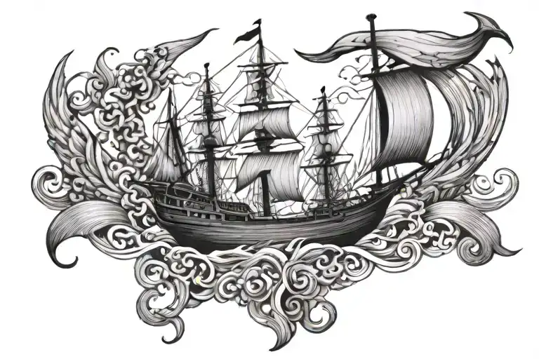 Boat Sea Animals Anchor Wings Waves