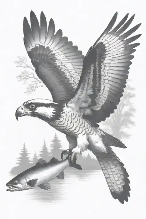 An Osprey Flying And Holding A Small Trout Near The River In The Forest