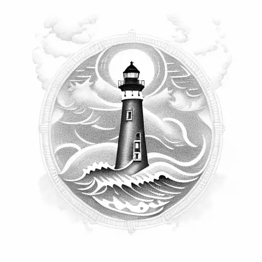A Blackwork Tattoo Of A Haunted Lighthouse Surrounded By Stormy Waves