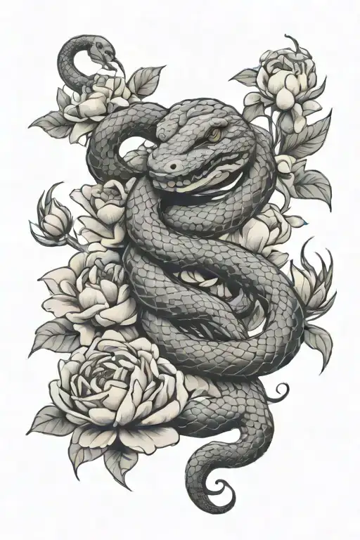 Snake Coiled Around Peonies And Snake