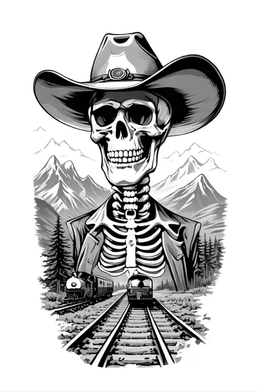 Cowboy Skeleton Bust Fading Into A Nature Scene With A Train On Tracks With Mountains