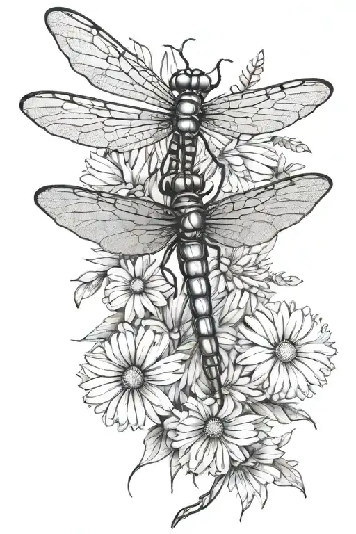 Dragonfly With Daisies Falling
