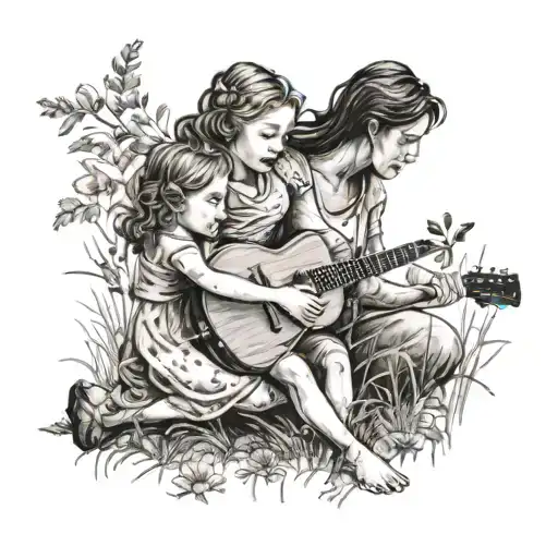A Mother With 2 Young Girls Playing Music In A Meadow