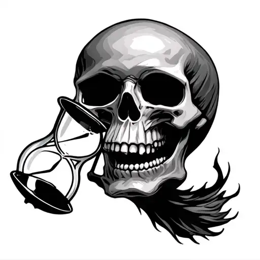 Skull Holding An Hourglass In Its Mouth Open