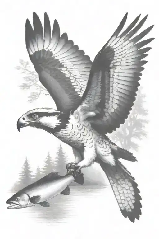 An Osprey Flying And Holding A Small Trout Near The River In The Forest