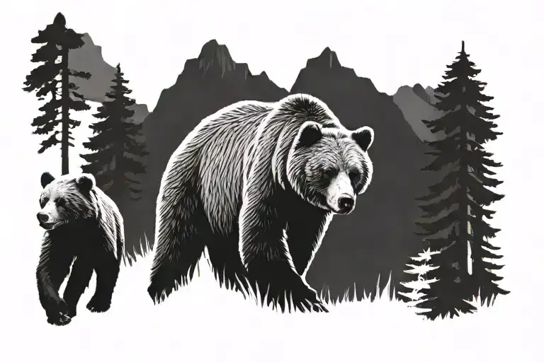 Grizzly Bear With 3 Cubs Walking In The Forest Scene