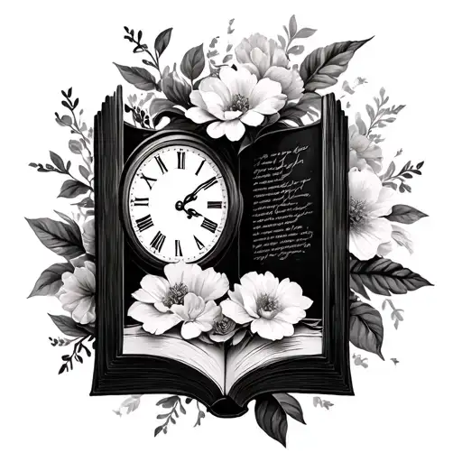 Black And White Floral With Clock And Open Book