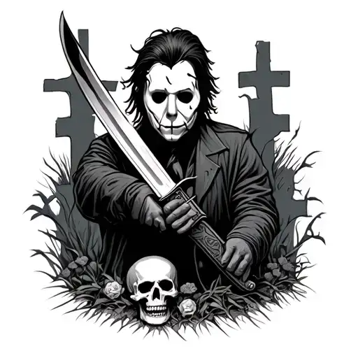 Tattoo Sleeve Of Michael Myers Holding His Knife Over A Cemetery With A Skull And Pennywises Face