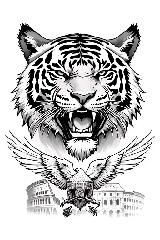 Angry Tiger On Top With Small Roman Eagle On Bottom And Roman Colosseum Background