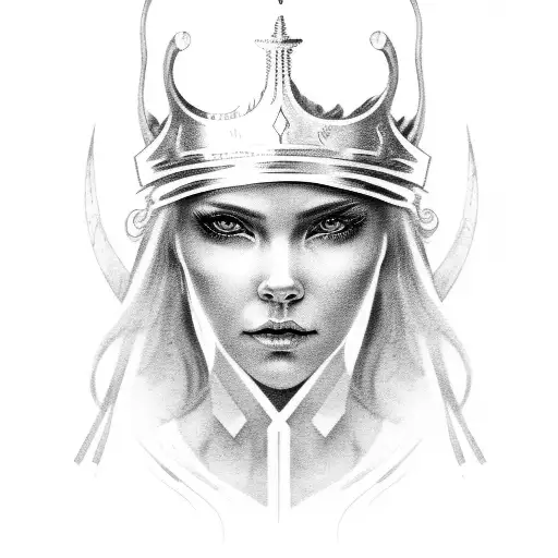 A Black-grey Portrait Of A Viking Goddess With Flowing Hair And A Crown