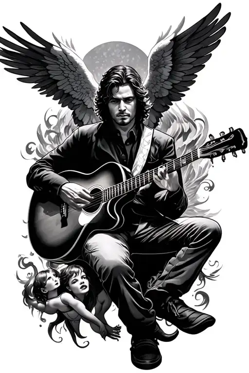 Forces A Man Playing An Acoustic Guitar And Two Flying Angels