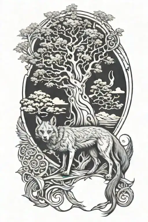 Renaissance Engraving Of Coyote And The Tree Of Life