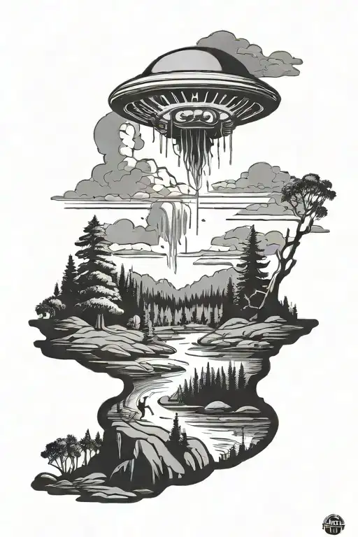 Alien Abduction Scene In A Forest Landscape