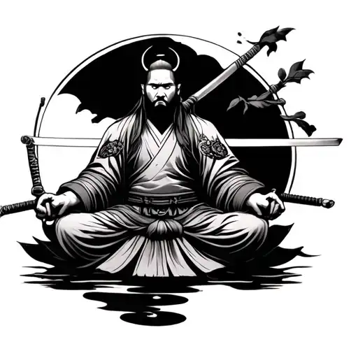 Samurai Seated In Lotus With His Sabers