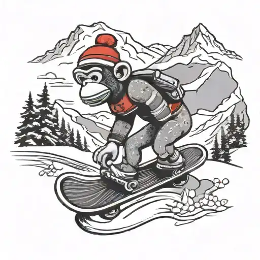 Sock Monkey Riding A Snowboard Down A Snowy Mountain