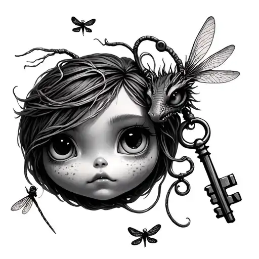 Coraline Key With Needle And Thread And Tiny Dragon Flies