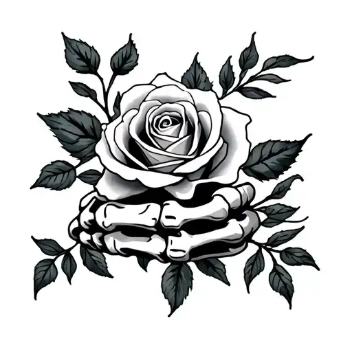 Skeleton Hand Tattoo Featuring Rose Blooming