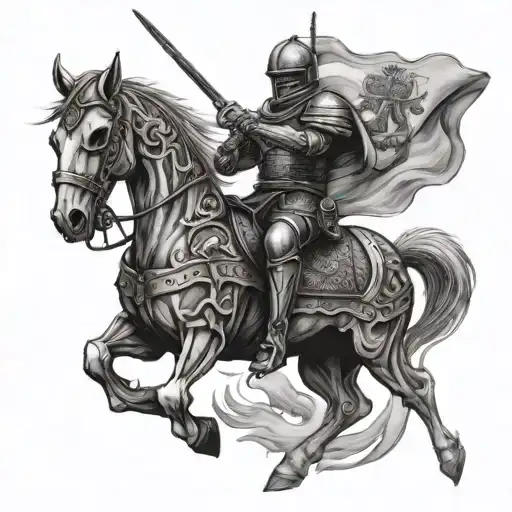 Armored Skeleton Knight Holding A Flag While Riding An Armored Horse Jumping