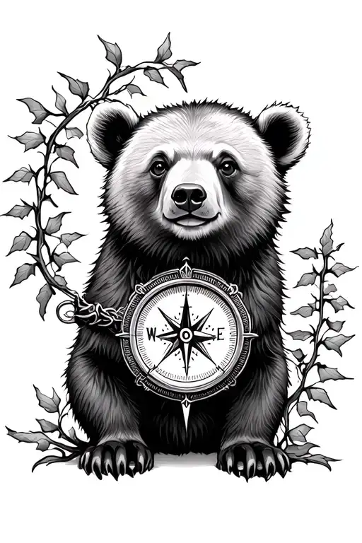 Bear Cub With Compass Surrounded With Ivy Vines