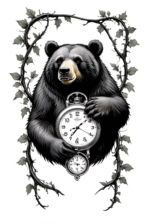 Bear With Cronograph Watch Surrounded With Ivy Vines