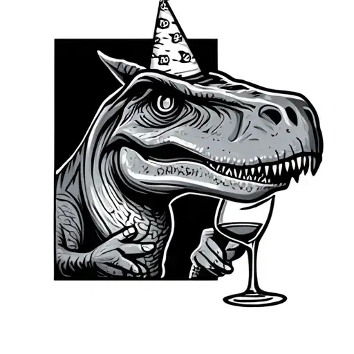 Dinosaur Wearing A Birthday Hat And Holding A Glass Of Wine