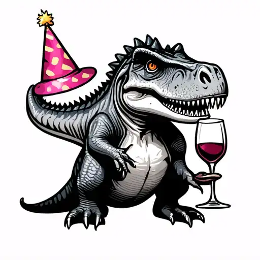 Dinosaur Wearing A Birthday Hat And Holding A Glass Of Wine