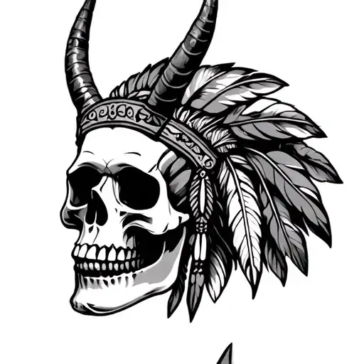 Skull With Indian Horns And Feathers