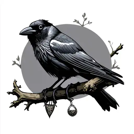 Crow Perched On A Branch With A Trinket In It's Mouth