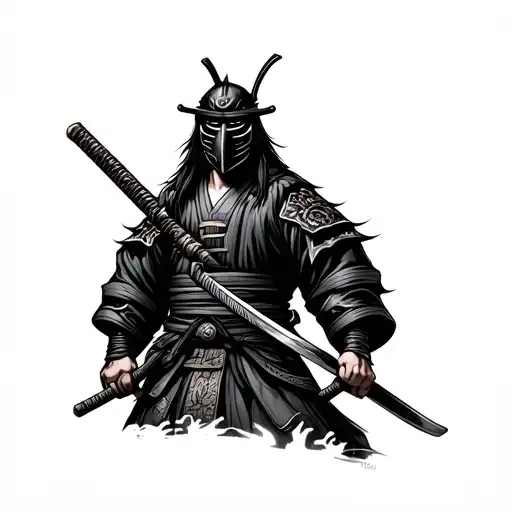Samurai Standing With Sword And Mask