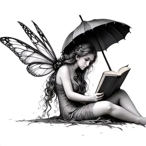 Fairy Reading A Psychology Book Under An Umbrella