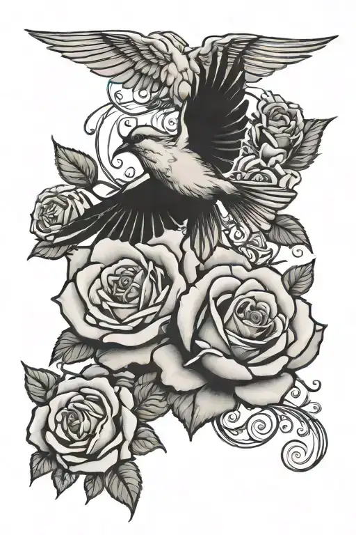 Rose Tattoo And Bird Flying