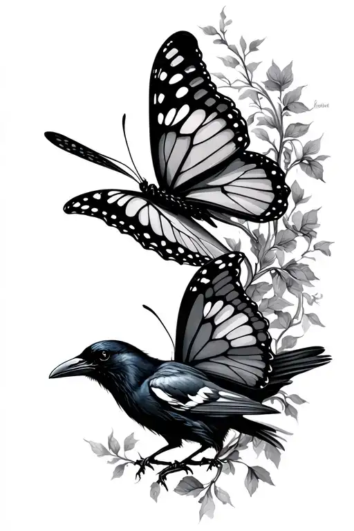 Butterfly And Raven With Vines